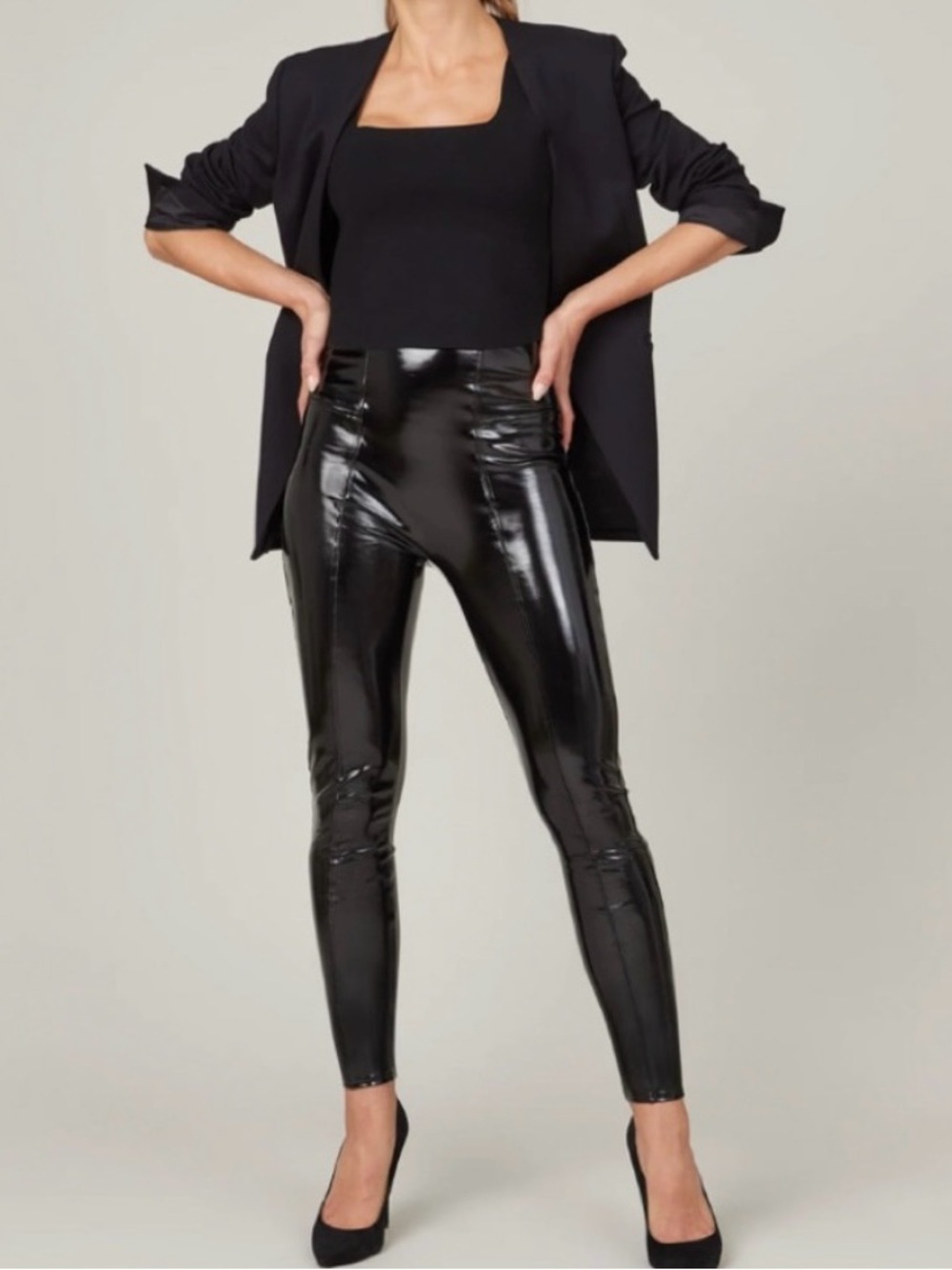 SPANX Black High-Shine Faux Patent Leather Leggings Large Tall NWT